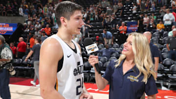 SALT LAKE CITY, UT - JULY 5: Grayson Allen #24 of the Utah Jazz speaks to the media after the game against the Atlanta Hawks on July 5, 2018 at Vivint Smart Home Arena in Salt Lake City, Utah. NOTE TO USER: User expressly acknowledges and agrees that, by downloading and/or using this photograph, user is consenting to the terms and conditions of the Getty Images License Agreement. Mandatory Copyright Notice: Copyright 2018 NBAE (Photo by Joe Murphy/NBAE via Getty Images)