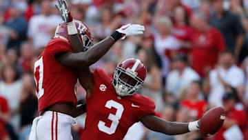 TUSCALOOSA, AL - SEPTEMBER 16: Calvin Ridley #3 of the Alabama Crimson Tide celebrates his touchdown reception against the Colorado State Rams with Cam Sims #17 at Bryant-Denny Stadium on September 16, 2017 in Tuscaloosa, Alabama. (Photo by Kevin C. Cox/Getty Images)