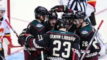 Nov 27, 2015; Glendale, AZ, USA; Arizona Coyotes center Martin Hanzal (11) celebrates with defenseman Oliver Ekman-Larsson (23), defenseman Michael Stone (26), left wing Mikkel Boedker (89) and center Tobias Rieder (8) after scoring a goal in the second period at Gila River Arena. Mandatory Credit: Matt Kartozian-USA TODAY Sports