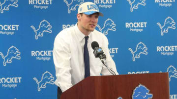 Detroit Lions first-round draft pick Jack Campbell from Iowa talks with reporters during the players' introductory news conference at team headquarters in Allen Park on Friday, April 28, 2023.Lions 042823 Kd654