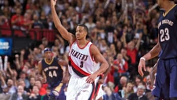 Oct 28, 2015; Portland, OR, USA; Portland Trail Blazers guard C.J. McCollum (3) reacts after making a three point basket against the New Orleans Pelicans during the fourth quarter at the Moda Center. Mandatory Credit: Craig Mitchelldyer-USA TODAY Sports