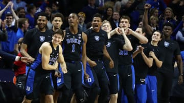 NEW YORK, NY - MARCH 11: The Duke Blue Devils bench reacts in the final seconds of their 75-69 win over the Notre Dame Fighting Irish during the championship game of the 2017 Men's ACC Basketball Tournament at the Barclays Center on March 11, 2017 in New York City. (Photo by Al Bello/Getty Images)