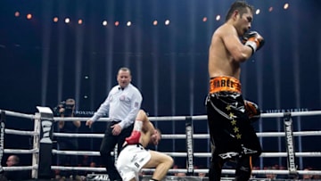 Ryan Burnett reacts after being knocked down by Nonito Donaire during their WBA World Championship bout at The SSE Hydro, Glasgow. (Photo by Jeff Holmes/PA Images via Getty Images)