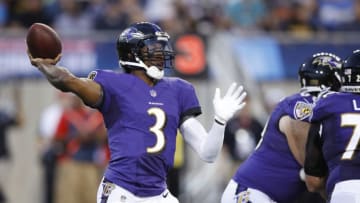 CANTON, OH - AUGUST 02: Robert Griffin III #3 of the Baltimore Ravens looks to pass in the first quarter of the Hall of Fame Game against the Chicago Bears at Tom Benson Hall of Fame Stadium on August 2, 2018 in Canton, Ohio. (Photo by Joe Robbins/Getty Images)