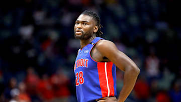 Isaiah Stewart #28 of the Detroit Pistons stands on the court during the first quarter of an NBA preseason game against the New Orleans Pelicans (Photo by Sean Gardner/Getty Images)