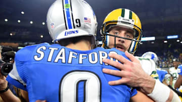 Jan 1, 2017; Detroit, MI, USA; Detroit Lions quarterback Matthew Stafford (9) and Green Bay Packers quarterback Aaron Rodgers (12) after the game at Ford Field. Mandatory Credit: Tim Fuller-USA TODAY Sports