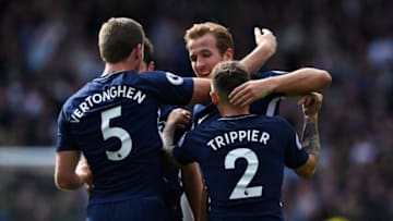 HUDDERSFIELD, ENGLAND - SEPTEMBER 30: Harry Kane of Tottenham Hotspur celebrates scoring his sides third goal with Jan Vertonghen of Tottenham Hotspur and Kieran Trippier of Tottenham Hotspur during the Premier League match between Huddersfield Town and Tottenham Hotspur at John Smith's Stadium on September 30, 2017 in Huddersfield, England. (Photo by Gareth Copley/Getty Images)