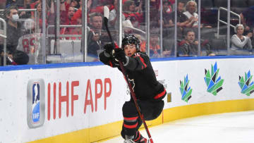 EDMONTON, AB - AUGUST 17: Tyson Foerster #12 of Canada celebrates after a goal during the game against Switzerland in the IIHF World Junior Championship on August 17, 2022 at Rogers Place in Edmonton, Alberta, Canada (Photo by Andy Devlin/ Getty Images)