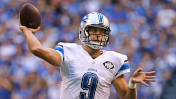 Sep 11, 2016; Indianapolis, IN, USA; Detroit Lions quarterback Matthew Stafford (9) throws a pass against the Indianapolis Colts at Lucas Oil Stadium. The Lions won 39-35. Mandatory Credit: Aaron Doster-USA TODAY Sports