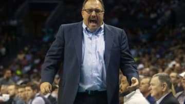 Dec 7, 2015; Charlotte, NC, USA; Detroit Pistons head coach Stan Van Gundy yells after a foul call in the first half against the Charlotte Hornets at Time Warner Cable Arena. Mandatory Credit: Jeremy Brevard-USA TODAY Sports