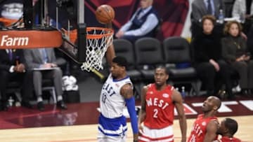 Feb 14, 2016; Toronto, Ontario, CAN; Eastern Conference forward Paul George of the Indiana Pacers (13) dunks the ball in front of Western Conference forward Kawhi Leonard of the San Antonio Spurs (2), Western Conference forward Kobe Bryant of the Los Angeles Lakers (24), and Western Conference forward Kevin Durant of the Oklahoma City Thunder (35) in the second quarter during the NBA All Star Game at Air Canada Centre. Mandatory Credit: Peter Llewellyn-USA TODAY Sports