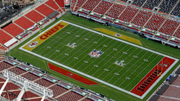 TAMPA, FLORIDA - JANUARY 31: An aerial view of Raymond James Stadium ahead of Super Bowl LV on January 31, 2021 in Tampa, Florida. (Photo by Mike Ehrmann/Getty Images)