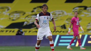 WATFORD, ENGLAND - JUNE 28: Jannik Vestergaard of Southampton during the Premier League match between Watford FC and Southampton FC at Vicarage Road on June 28, 2020 in Watford, England. (Photo by Robin Jones/Getty Images)