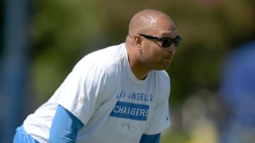Aug 6, 2018; Costa Mesa, CA, USA: Los Angeles Chargers receivers coach Phil McGeoghan during training camp at the Jack. R. Hammett Sports Complex. Mandatory Credit: Kirby Lee-USA TODAY Sports