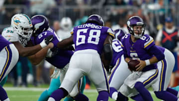 MINNEAPOLIS, MN - AUGUST 31: Taylor Heinicke #6 of the Minnesota Vikings drops back with the ball against the Miami Dolphins during the first quarter in the preseason game on August 31, 2017 at U.S. Bank Stadium in Minneapolis, Minnesota. (Photo by Hannah Foslien/Getty Images)