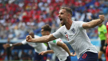 NIZHNIY NOVGOROD, RUSSIA - JUNE 24: Jordan Henderson of England celebrates the opening goal scored by John Stones during the 2018 FIFA World Cup Russia group G match between England and Panama at Nizhniy Novgorod Stadium on June 24, 2018 in Nizhniy Novgorod, Russia. (Photo by Clive Brunskill/Getty Images)