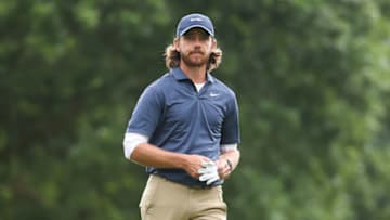 VIRGINIA WATER, ENGLAND - SEPTEMBER 11: Tommy Fleetwood on England on the first hole during Day Three of The BMW PGA Championship at Wentworth Golf Club on September 11, 2021 in Virginia Water, England. (Photo by Warren Little/Getty Images)