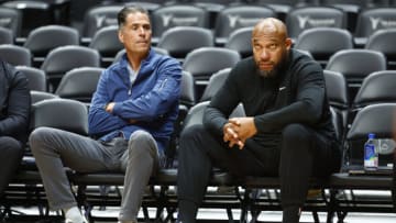 ANAHEIM, CALIFORNIA - OCTOBER 11: Rob Pelinka and Darvin Ham of the Los Angeles Lakers before a game at Honda Center on October 11, 2023 in Anaheim, California. NOTE TO USER: User expressly acknowledges and agrees that, by downloading and/or using this photograph, user is consenting to the terms and conditions of the Getty Images License Agreement. (Photo by Ronald Martinez/Getty Images)