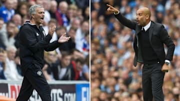 A combination of pictures created in London on September 8, 2016 shows Manchester United's Portuguese manager Jose Mourinho (L) shouting on the touchline during the pre-season friendly football match between Wigan Athletic and Manchester United at the DW stadium in Wigan, northwest England, on July 16, 2016 and Manchester City's Spanish manager Pep Guardiola (R) gesturing from the touchline during the English Premier League football match between Manchester City and Sunderland at the Etihad Stadium in Manchester, north west England, on August 13, 2016.Manchester United welcome Manchester City to Old Trafford on September 10, 2016 in a derby match that sees opposing managers Jose Mourinho and Pep Guardiola renew their sulphurous rivalry. / AFP / PAUL ELLIS AND JON SUPER / RESTRICTED TO EDITORIAL USE. No use with unauthorized audio, video, data, fixture lists, club/league logos or 'live' services. Online in-match use limited to 75 images, no video emulation. No use in betting, games or single club/league/player publications. / (Photo credit should read PAUL ELLIS,JON SUPER/AFP/Getty Images)
