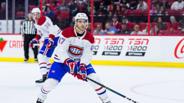 OTTAWA, ON - SEPTEMBER 29: Montreal Canadiens left wing Kenny Agostino (47) applies pressure on the forecheck during first period National Hockey League preseason action between the Montreal Canadiens and Ottawa Senators on September 29, 2018, at Canadian Tire Centre in Ottawa, ON, Canada. (Photo by Richard A. Whittaker/Icon Sportswire via Getty Images)