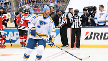 ST. LOUIS, MO - DECEMBER 31: Chris Pronger #44 of the St. Louis Blues skates during warmups prior to a game against the Chicago Blackhawks during the 2017 Bridgestone NHL Winter Classic Alumni Game at Busch Stadium on December 31, 2016 in St. Louis, Missouri (Photo by Scott Rovak/NHLI via Getty Images)