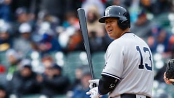 Apr 9, 2016; Detroit, MI, USA; New York Yankees designated hitter Alex Rodriguez (13) looks to third base against the Detroit Tigers at Comerica Park. Mandatory Credit: Rick Osentoski-USA TODAY Sports