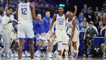 LEXINGTON, KENTUCKY - NOVEMBER 23: Cason Wallace #22 of the Kentucky Wildcats celebrates against the North Florida Ospreys at Rupp Arena on November 23, 2022 in Lexington, Kentucky. (Photo by Andy Lyons/Getty Images)