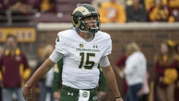 Sep 24, 2016; Minneapolis, MN, USA; Colorado State Rams quarterback Collin Hill (15) looks on during pre game before a game against the Minnesota Golden Gophers at TCF Bank Stadium. Mandatory Credit: Jesse Johnson-USA TODAY Sports