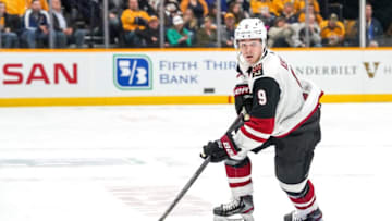 NASHVILLE, TN - DECEMBER 14: Clayton Keller #9 of the Arizona Coyotes skates against the Nashville Predators at Bridgestone Arena on December 14, 2019 in Nashville, Tennessee. (Photo by John Russell/NHLI via Getty Images)