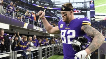 MINNEAPOLIS, MINNESOTA - NOVEMBER 17: Kyle Rudolph #82 of the Minnesota Vikings celebrates a 27-23 win against the Denver Broncos at U.S. Bank Stadium on November 17, 2019 in Minneapolis, Minnesota. (Photo by Hannah Foslien/Getty Images)