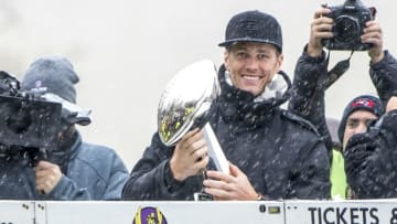 BOSTON, MA - FEBRUARY 07: Tom Brady of the New England Patriots celebrates during the Super Bowl victory parade on February 7, 2017 in Boston, Massachusetts. The Patriots defeated the Atlanta Falcons 34-28 in overtime in Super Bowl 51. (Photo by Billie Weiss/Getty Images)