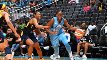 ATLANTA, GA - JUNE 19: Tiffany Hayes #15 of the Atlanta Dream handles the ball against the Indiana Fever on June 19, 2019 at the State Farm Arena in Atlanta, Georgia. NOTE TO USER: User expressly acknowledges and agrees that, by downloading and or using this photograph, User is consenting to the terms and conditions of the Getty Images License Agreement. Mandatory Copyright Notice: Copyright 2019 NBAE (Photo by Scott Cunningham/NBAE via Getty Images)