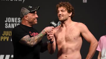 LAS VEGAS, NEVADA - JULY 05: (R-L) Ben Askren is interviewed by Joe Rogan during the UFC 235 weigh-in at T-Mobile Arena on July 5, 2019 in Las Vegas, Nevada. (Photo by Josh Hedges/Zuffa LLC/Zuffa LLC via Getty Images)