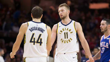 PHILADELPHIA, PA - NOVEMBER 3: Bojan Bogdanovic #44 of the Indiana Pacers celebrates with Domantas Sabonis #11 against the Philadelphia 76ers at the Wells Fargo Center on November 3, 2017 in Philadelphia, Pennsylvania. (Photo by Mitchell Leff/Getty Images)