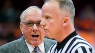 SYRACUSE, NY - NOVEMBER 21: Head coach Jim Boeheim of the Syracuse Orange protests a call to the referee during the first half against the Colgate Raiders at the Carrier Dome on November 21, 2018 in Syracuse, New York. (Photo by Brett Carlsen/Getty Images)