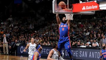 SAN ANTONIO, TX - FEBRUARY 27: Andre Drummond #0 of the Detroit Pistons dunks the ball during the game against the San Antonio Spurs on February 27, 2019 at the AT&T Center in San Antonio, Texas. NOTE TO USER: User expressly acknowledges and agrees that, by downloading and or using this photograph, user is consenting to the terms and conditions of the Getty Images License Agreement. Mandatory Copyright Notice: Copyright 2019 NBAE (Photos by Mark Sobhani/NBAE via Getty Images)