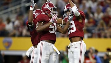 Sep 3, 2016; Arlington, TX, USA; Alabama Crimson Tide defensive back Minkah Fitzpatrick (29) and linebacker Tim Williams (56) and defensive back Marlon Humphrey (26) react during the first half against the USC Trojans at AT&T Stadium. Mandatory Credit: Tim Heitman-USA TODAY Sports