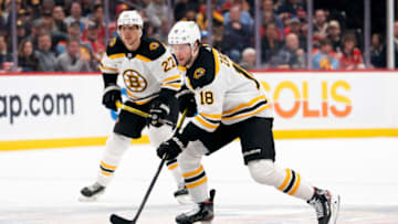 Jan 28, 2023; Sunrise, Florida, USA; Boston Bruins center Pavel Zacha (18) skates with the puck during the first period against the Florida Panthers at FLA Live Arena. Mandatory Credit: Jason Mowry-USA TODAY Sports