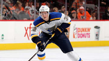 PHILADELPHIA, PA - JANUARY 06: Tage Thompson #32 of the St. Louis Blues takes the puck in the third period against the Philadelphia Flyers on January 6, 2018 at Wells Fargo Center in Philadelphia, Pennsylvania.The Philadelphia Flyers defeated the St. Louis Blues 6-3. (Photo by Elsa/Getty Images)