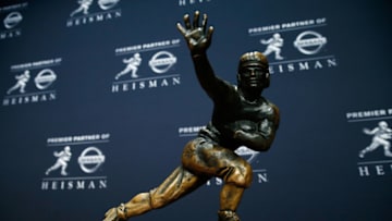 NEW YORK, NY - DECEMBER 08: The Heisman Trophy is displayed at a press conference for the 2018 Heisman Trophy Presentationon December 8, 2018 in New York City. (Photo by Mike Stobe/Getty Images)