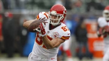 Dec 6, 2015; Oakland, CA, USA; Kansas City Chiefs tight end Travis Kelce (87) catches a pass before the start of the game against the Oakland Raiders at O.co Coliseum. Mandatory Credit: Cary Edmondson-USA TODAY Sports