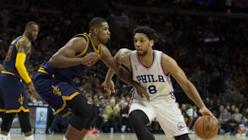PHILADELPHIA, PA - JANUARY 10: Jahlil Okafor #8 of the Philadelphia 76ers drives into Tristan Thompson #13 of the Cleveland Cavaliers on January 10, 2016 at the Wells Fargo Center in Philadelphia, Pennsylvania. NOTE TO USER: User expressly acknowledges and agrees that, by downloading and or using this photograph, User is consenting to the terms and conditions of the Getty Images License Agreement. (Photo by Mitchell Leff/Getty Images)
