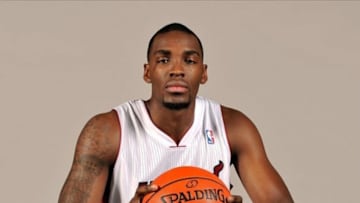 Sep 30, 2013; Miami, FL, USA; Miami Heat power forward Jarvis Varnado (24) during media day at American Airlines Arena. Mandatory Credit: Steve Mitchell-USA TODAY Sports