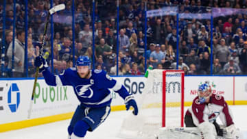 TAMPA, FL - DECEMBER 8: Steven Stamkos #91 of the Tampa Bay Lightning celebrates a goal against goalie Semyon Varlamov #1 of the Colorado Avalanche during the first period at Amalie Arena on December 8, 2018 in Tampa, Florida. (Photo by Scott Audette/NHLI via Getty Images)