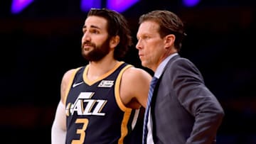 LOS ANGELES, CA - OCTOBER 10: Ricky Rubio #3 of the Utah Jazz and head coach Quin Snyder meet during a stop in play during the first half against the Los Angeles Lakers at Staples Center on October 10, 2017 in Los Angeles, California. (Photo by Harry How/Getty Images)