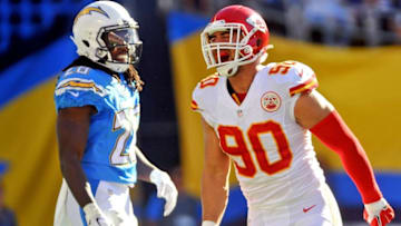 Nov 22, 2015; San Diego, CA, USA; Kansas City Chiefs inside linebacker Josh Mauga (90) reacts after sacking San Diego Chargers quarterback Philip Rivers (not pictured) during the first half of the game at Qualcomm Stadium. Mandatory Credit: Orlando Ramirez-USA TODAY Sports