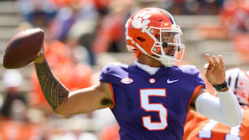 Clemson quarterback D.J. Uiagalelei (5) throws the ball during their annual spring game at Memorial Stadium Apr 3, 2021; Clemson, South Carolina, USA.