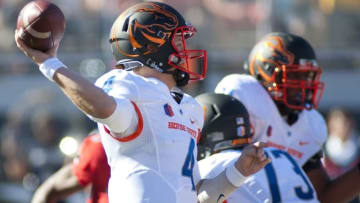 Oct 31, 2015; Las Vegas, NV, USA; Boise Broncos quarterback Brett Rypien (4) looks to make a pass during a game against UNLV at Sam Boyd Stadium. Mandatory Credit: Stephen R. Sylvanie-USA TODAY Sports