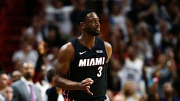 MIAMI, FL - OCTOBER 20: Dwyane Wade #3 of the Miami Heat reacts after a three pointer against the Charlotte Hornets during the second half at American Airlines Arena on October 20, 2018 in Miami, Florida. NOTE TO USER: User expressly acknowledges and agrees that, by downloading and or using this photograph, User is consenting to the terms and conditions of the Getty Images License Agreement. (Photo by Michael Reaves/Getty Images)