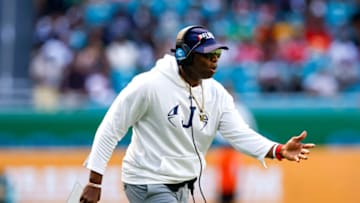 MIAMI GARDENS, FLORIDA - SEPTEMBER 04: Head coach Deion Sanders of the Jackson State Tigers reacts on the sidelines against the Florida A&M Rattlers during the Orange Blossom Classic Game at Hard Rock Stadium on September 04, 2022 in Miami Gardens, Florida. The Tigers defeated the Rattlers 59-3. (Photo by Don Juan Moore/Getty Images)